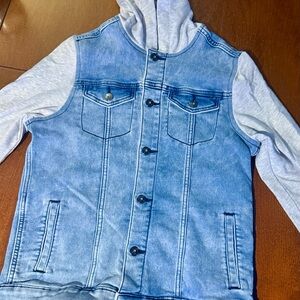 Art Class Blue Denim Jacket with Gray sleeves and Hood.